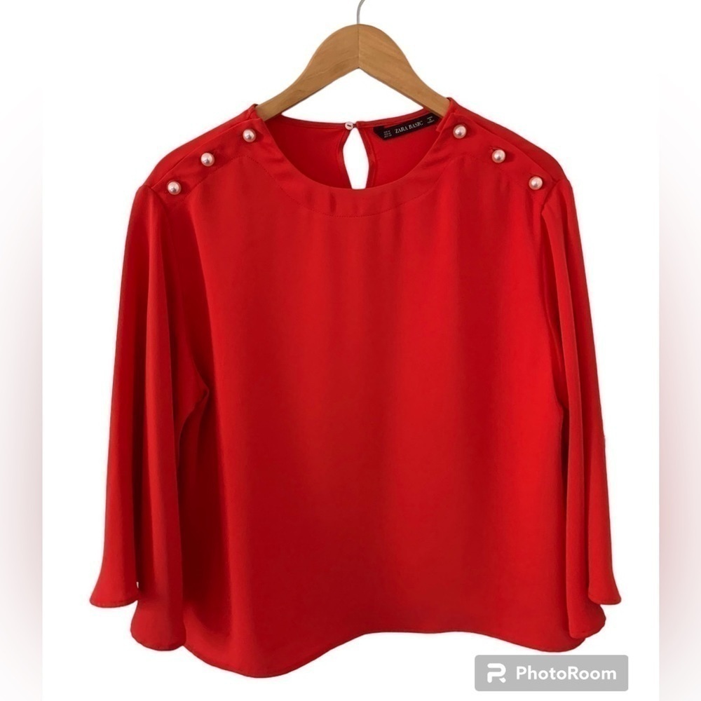 Zara Women’s Red Long Sleeve Blouse With Pearl Accent Buttons In Size M